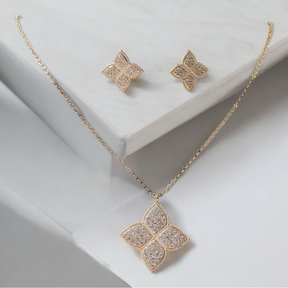 Gold Floral Pendant Necklace and Earrings Set